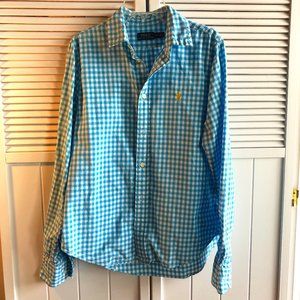 Polo Ralph Lauren Men's Teal and White Plaid Button Front Long Sleeve Shirt Sz M